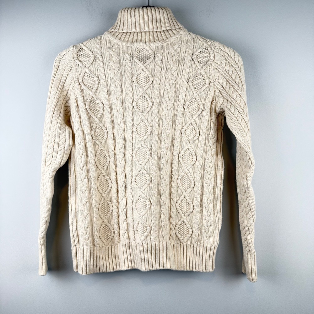 Women Cable Knit Turtleneck Sweater Size S Cream Cotton Fisherman Coastal Chunky
